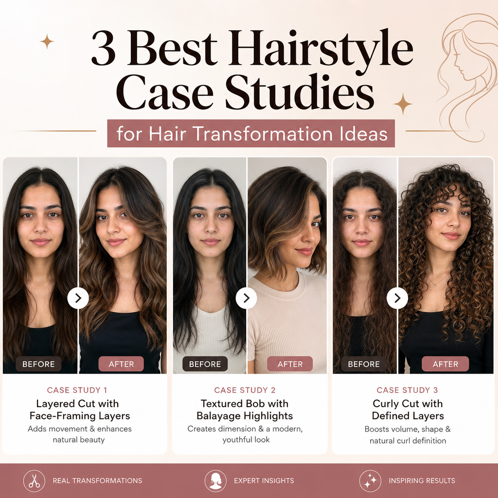 Three women showcasing hair transformations with face-framing layers, balayage highlights, and defined curls.