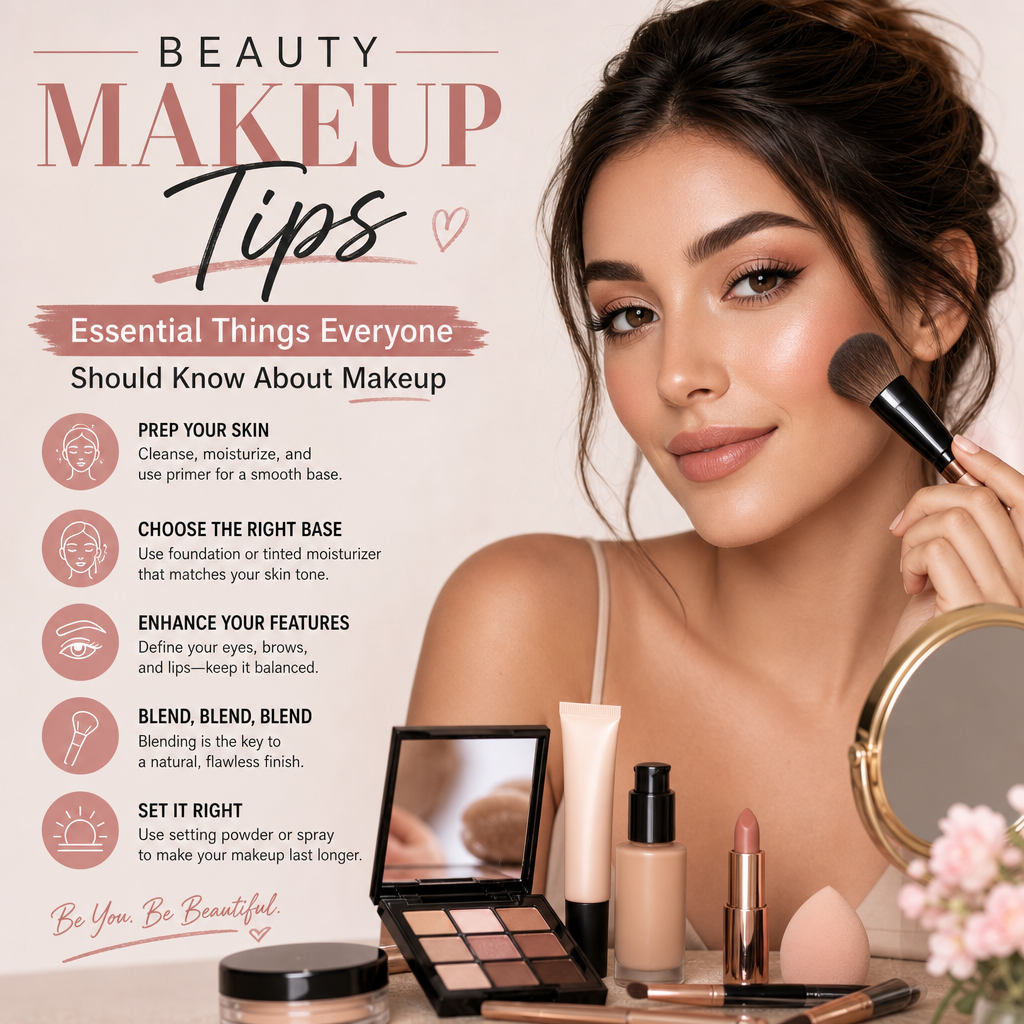 Infographic titled "Beauty Makeup Tips" showing essential makeup steps with a woman applying makeup on her face.