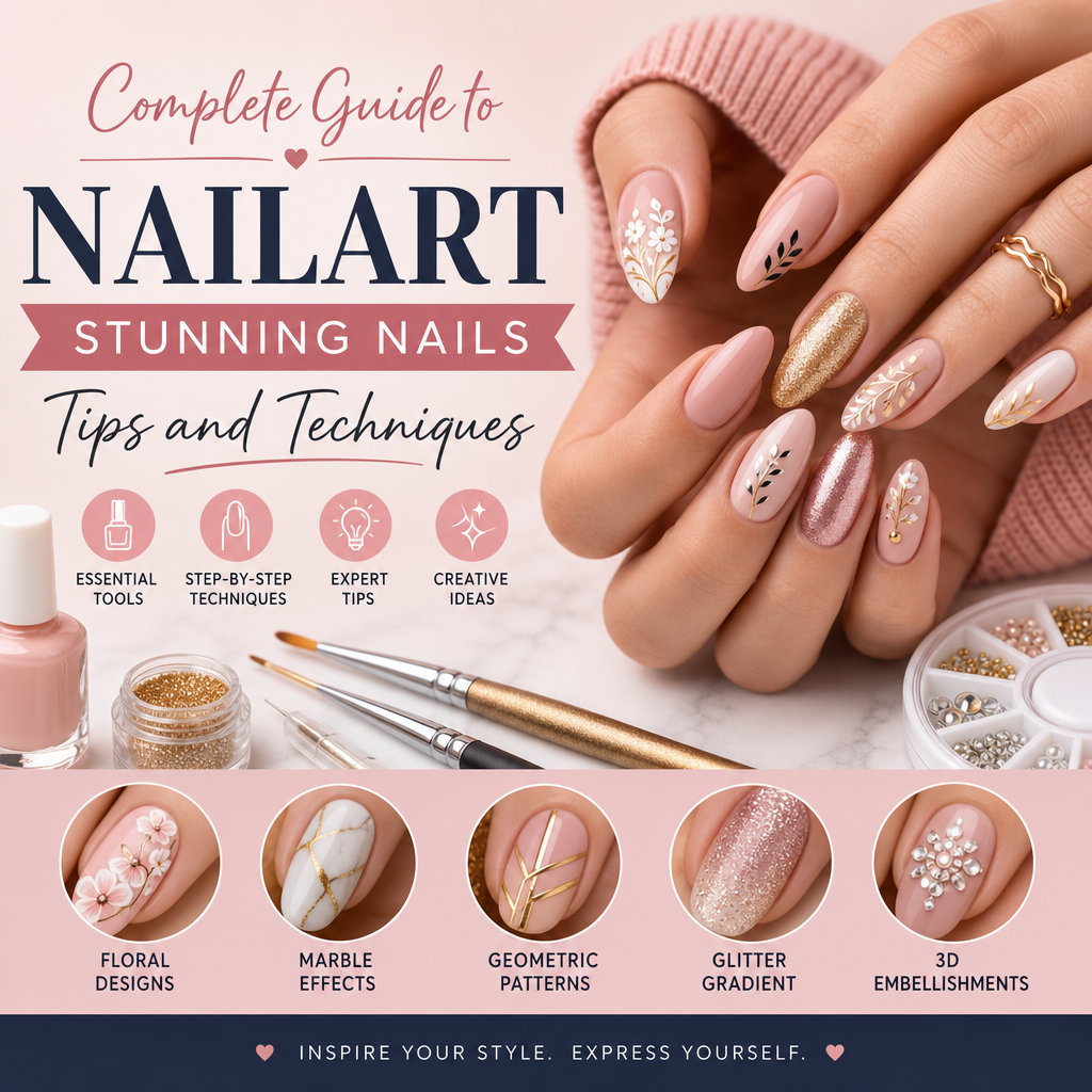 A colorful collage showcasing various nail art designs including floral, marble, geometric, glitter, and 3D embellishments.