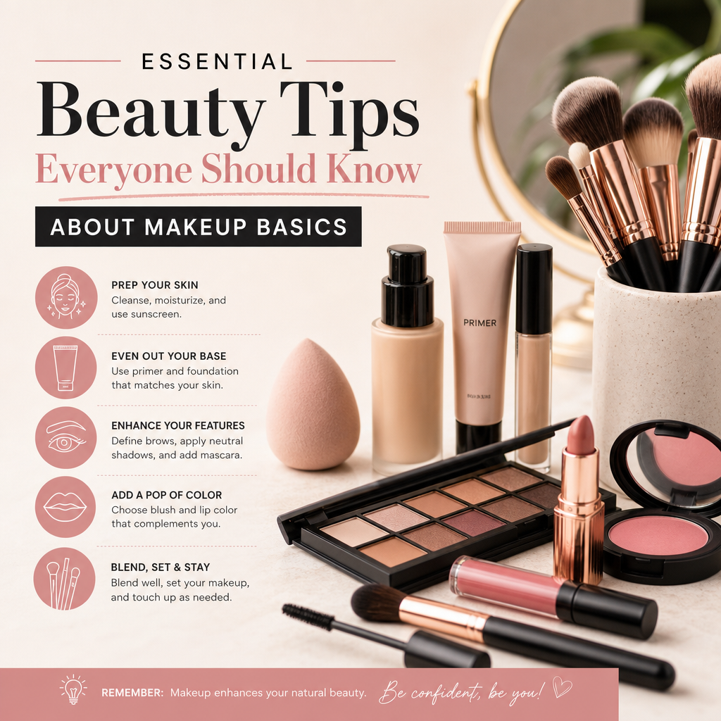 Flat lay of essential makeup tools and products arranged neatly for flawless beauty application.