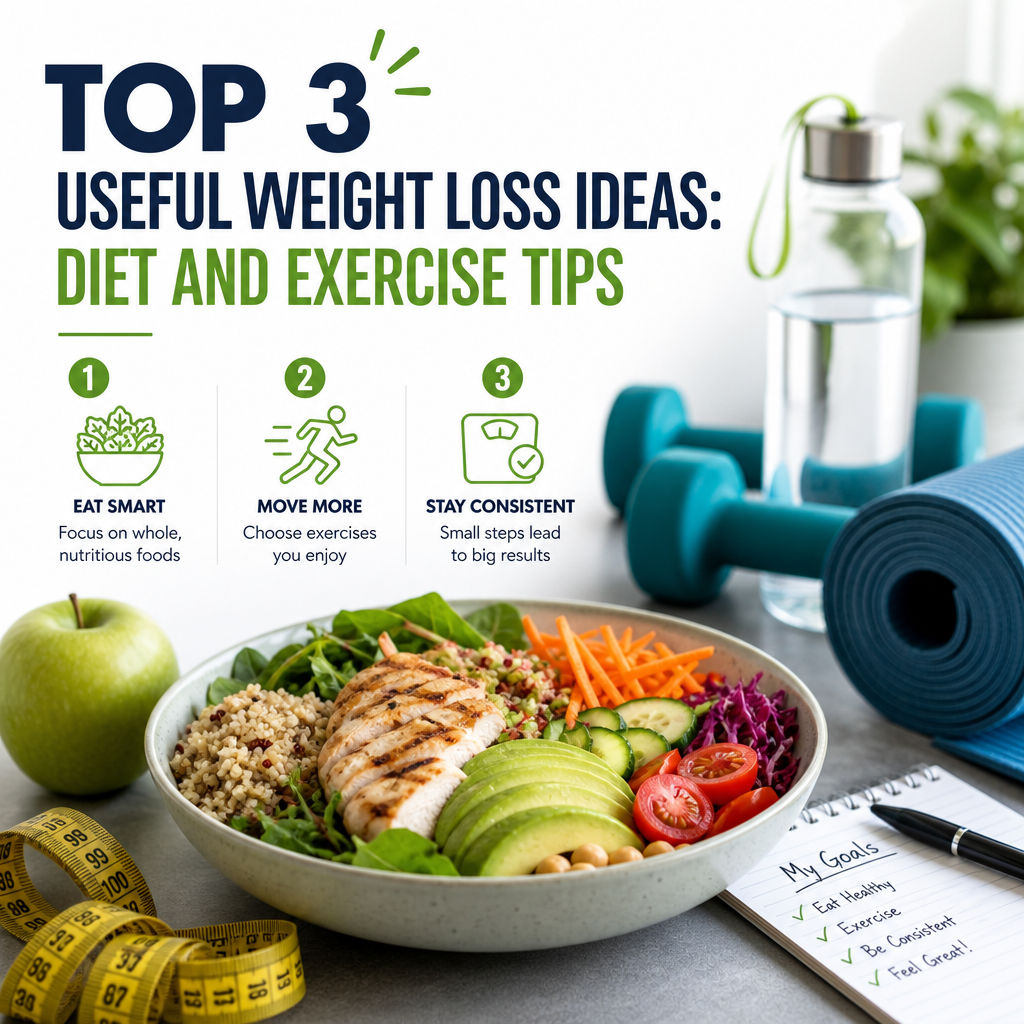 Healthy weight loss tips showing nutritious foods, exercise, and consistent habits for effective diet and fitness.