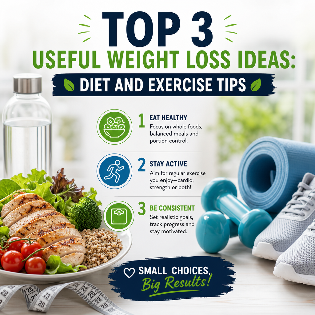 Illustration of top 3 weight loss ideas showing healthy food, exercise, and hydration for a balanced lifestyle.