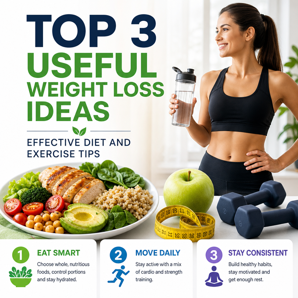 Illustration showing the top 3 weight loss ideas, combining healthy eating and exercise for effective results.