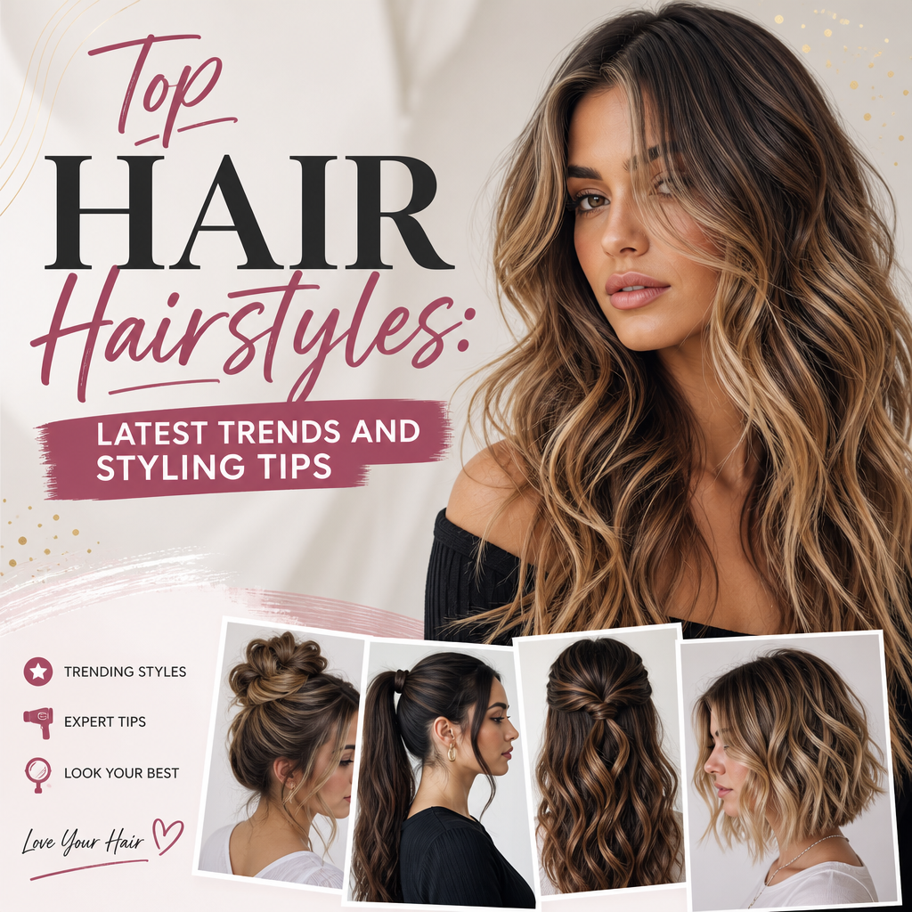 Women showcasing trendy hairstyles including braids, waves, and sleek cuts, highlighting modern hair styling trends.