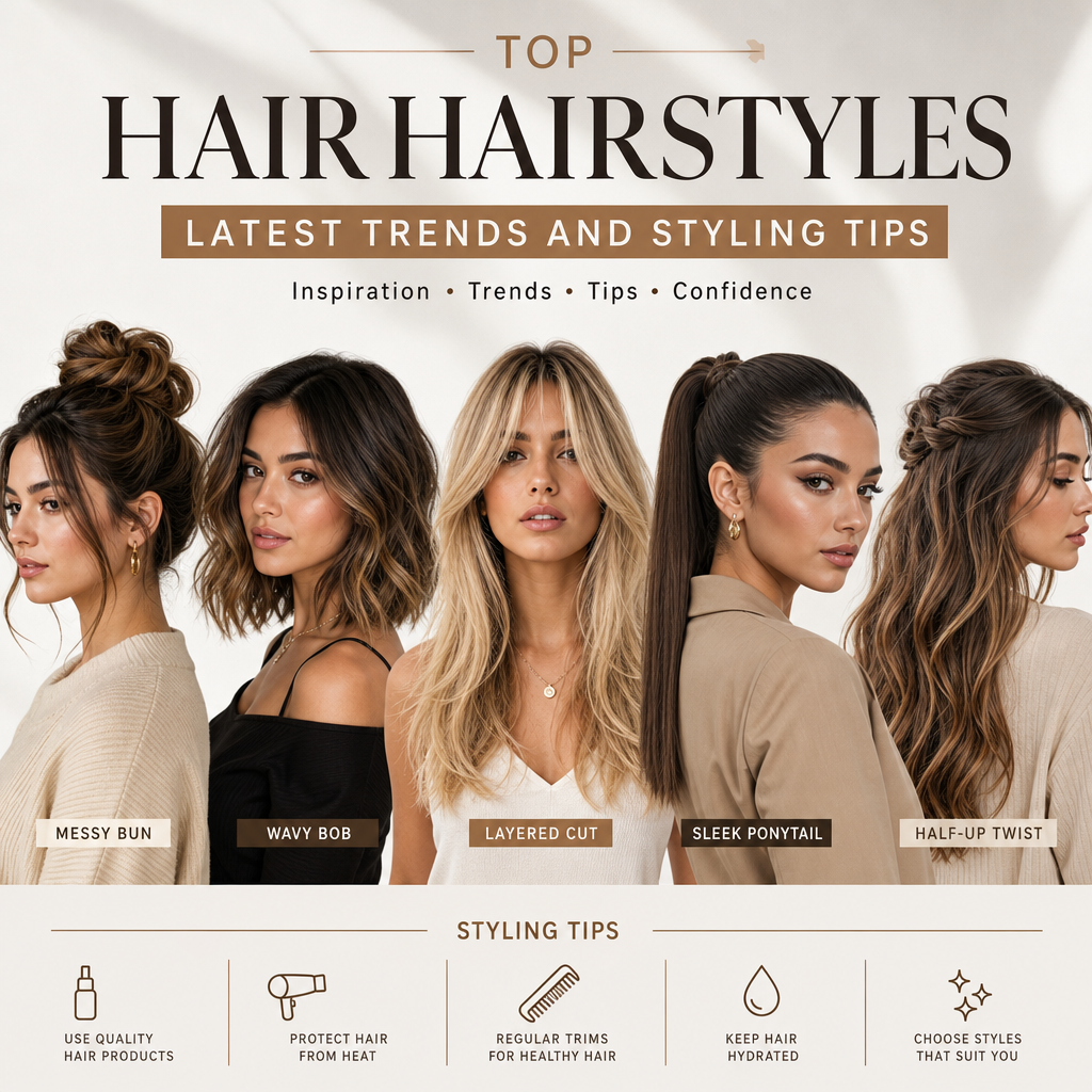 Various trendy hairstyles including messy bun, wavy bob, layered cut, sleek ponytail, and half-up twist on diverse models.