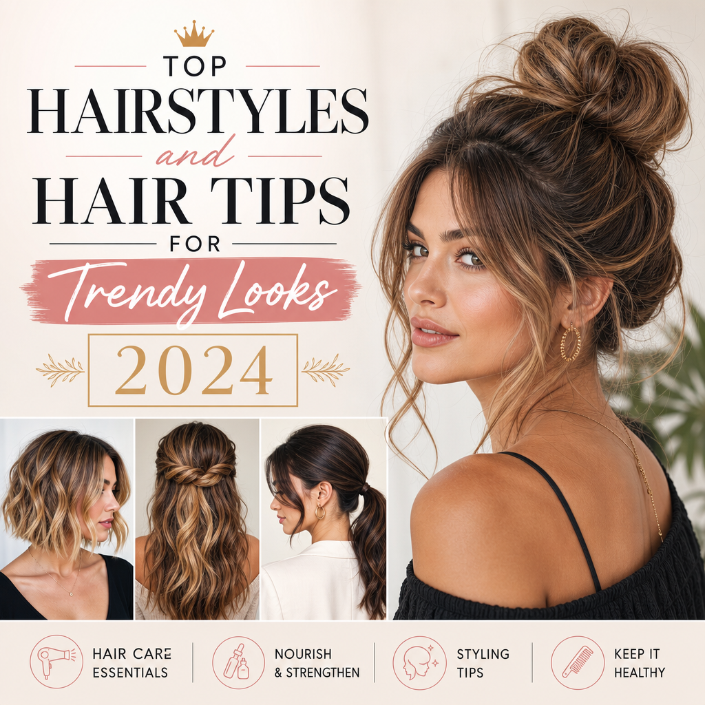 Flat lay of hair care products, tools, and accessories for trendy hairstyles and hair health in 2024.