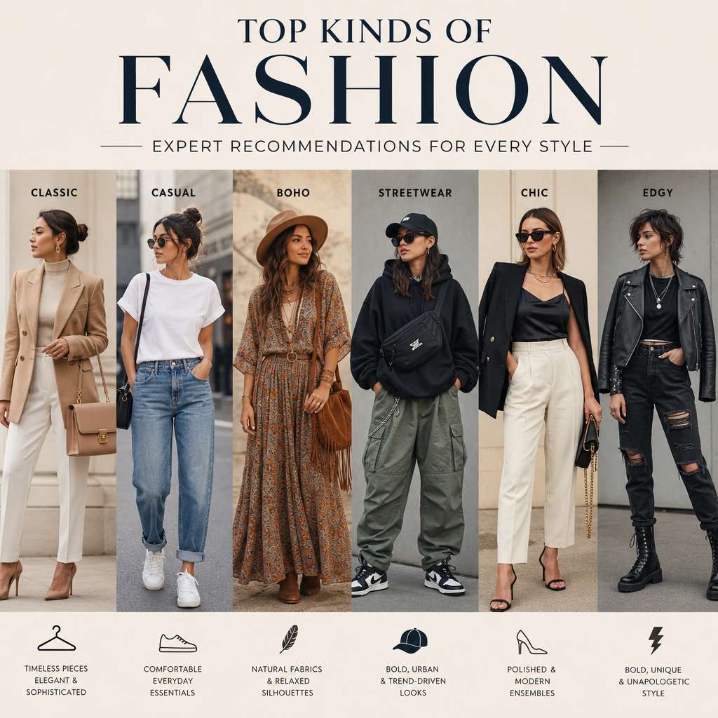 Collage of top fashion styles: classic, casual, boho, streetwear, chic, and edgy with expert recommendations.