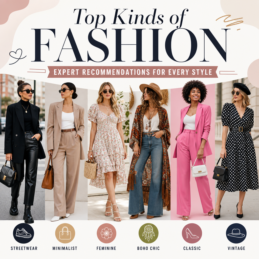 Collage showing fashion styles: streetwear, minimalist, feminine, boho chic, classic, and vintage for all personalities.