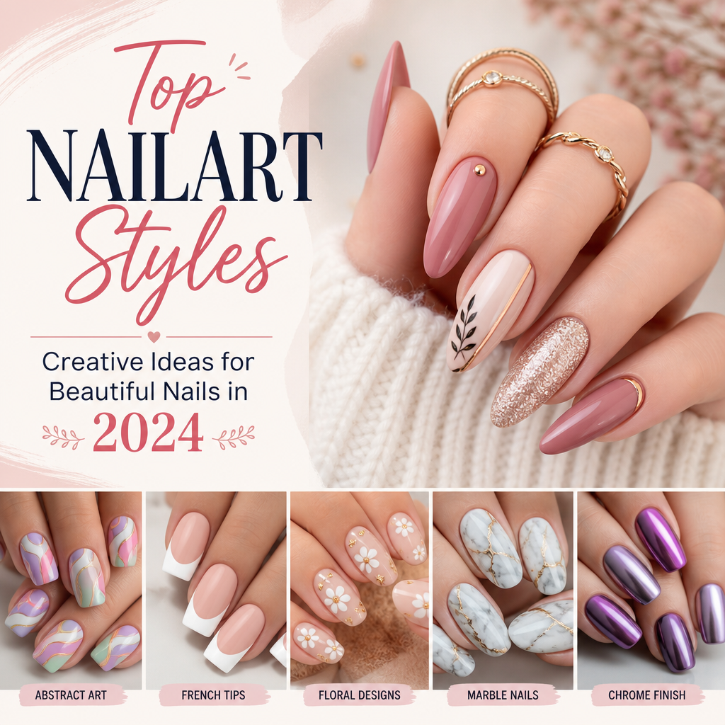 Close-up of colorful, creative nailart designs showcasing trendy styles for beautiful nails in 2024.