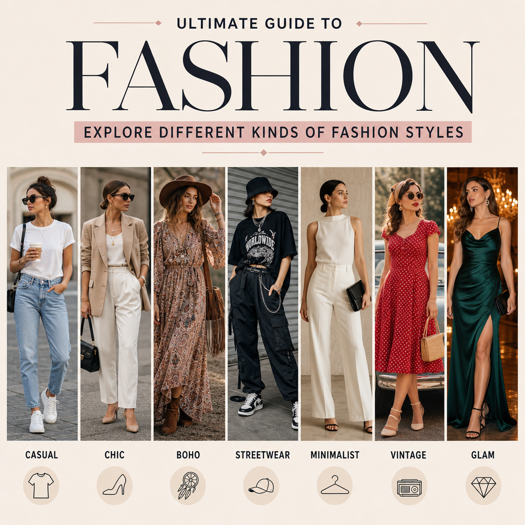 Collage of diverse fashion styles including casual, chic, boho, streetwear, minimalist, vintage, and glam outfits.