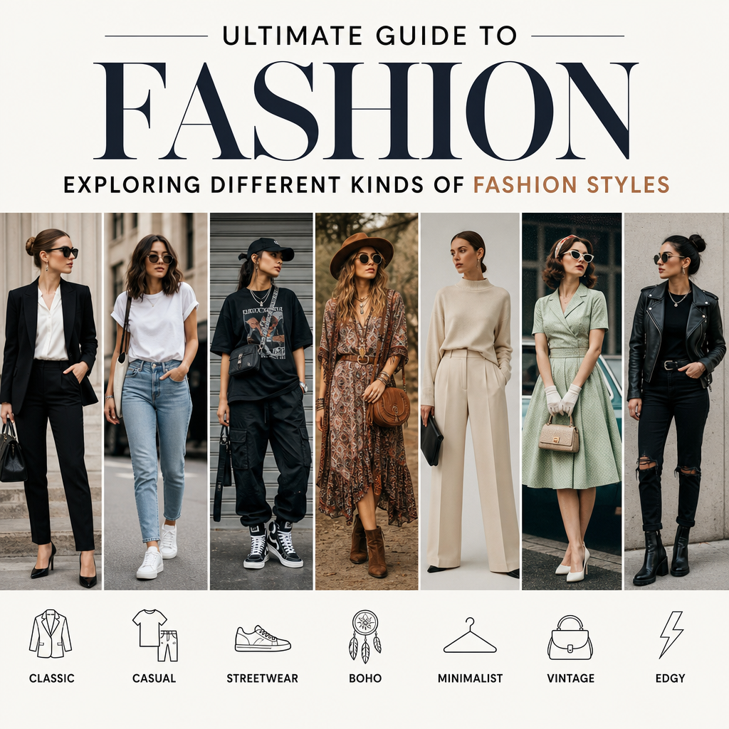 Collage of diverse fashion styles including classic, casual, streetwear, boho, minimalist, vintage, and edgy looks.
