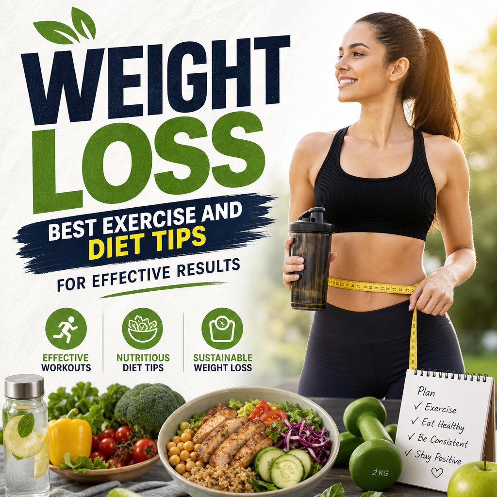 Illustration of weight loss tips showing exercise, healthy meals, and lifestyle habits for effective results.